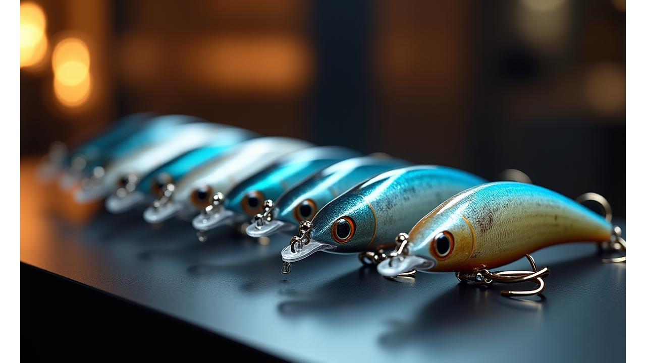 高級釣具店で陳列された、光沢のある機能性複合鉱物ルアーの展示