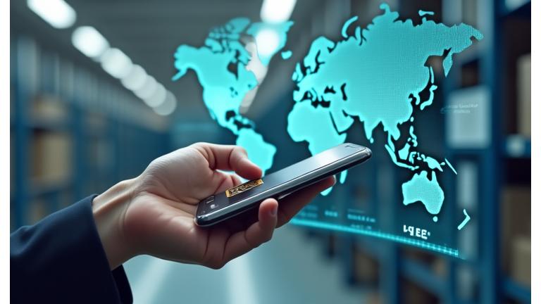 QRコードをスキャンするスマートフォンと、その背後に鉱物資材の流通過程を示すデジタルインターフェース。精緻で現代的なイメージで、データフローを強調。